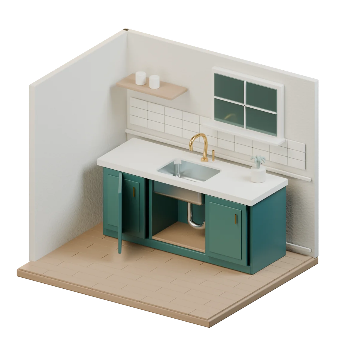 Illustrative kitchen with the sink cabinet open, showing the maintenance request’s context.